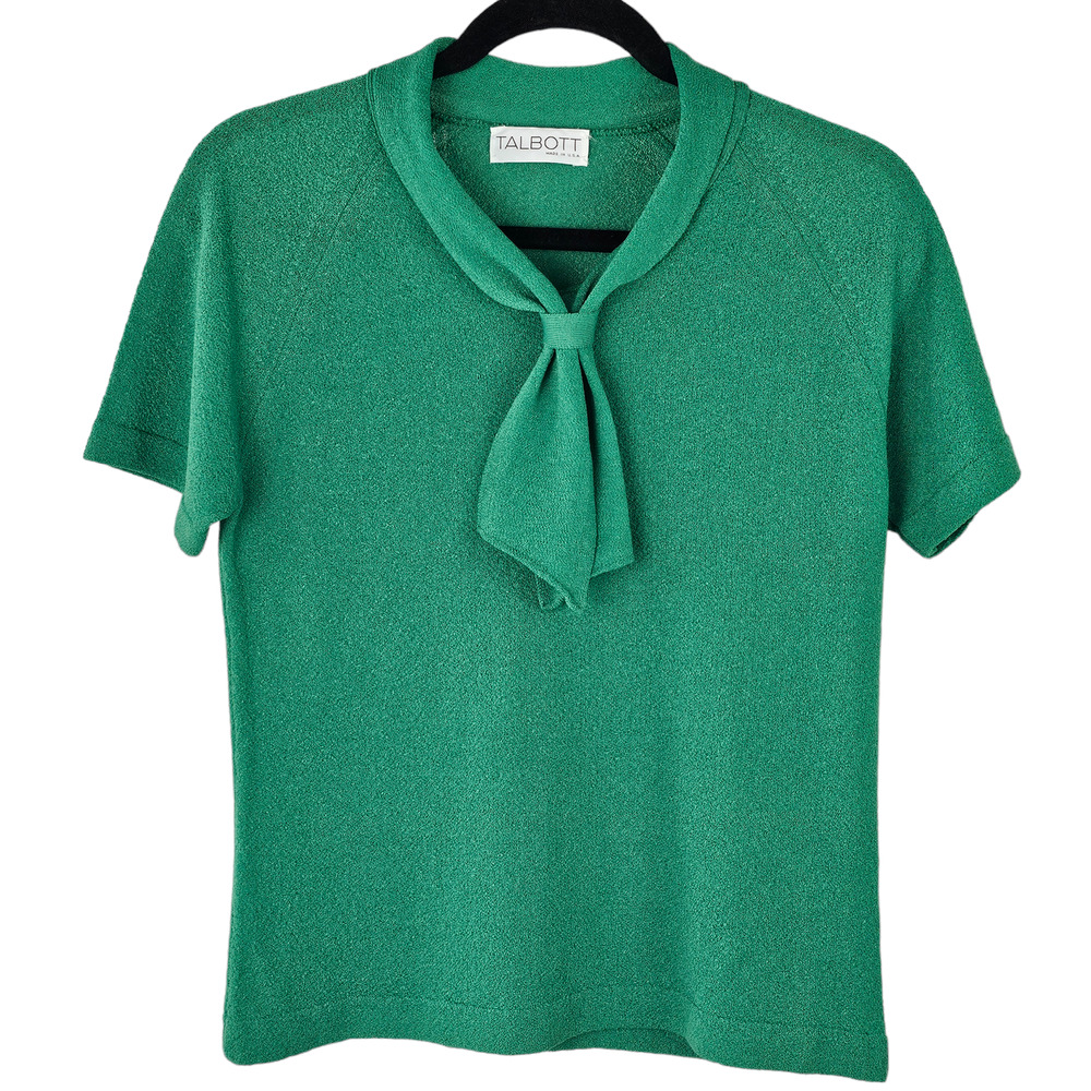 Top green Talbots sweater knit short sleeve neck tie size small